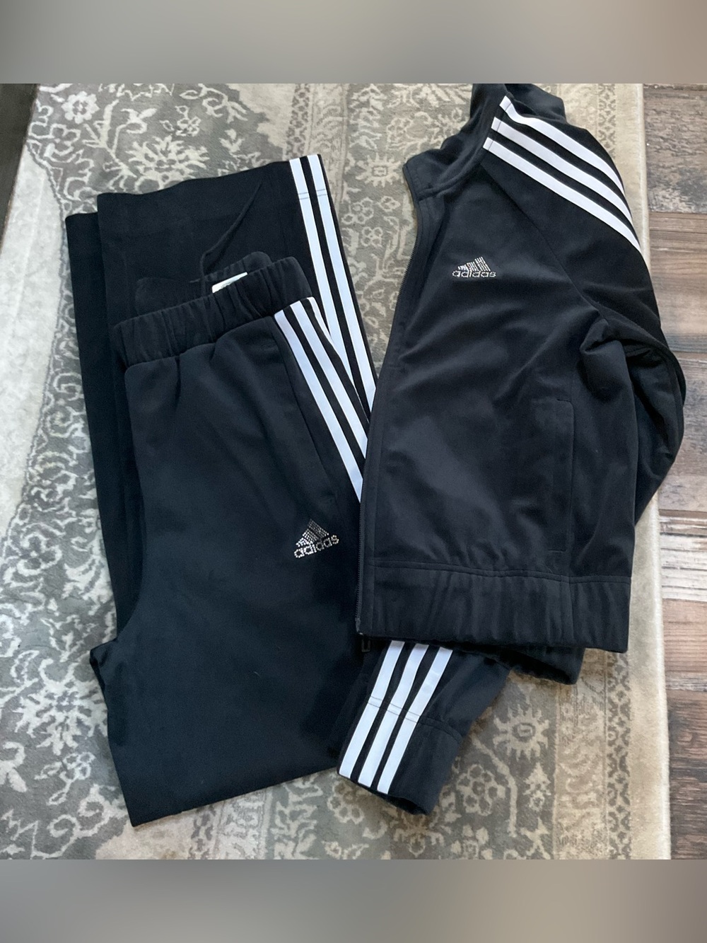 adidas Black Jogger Pants Jacket with White 3-Stripes Bling XS/S